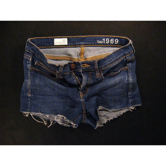Vintage GAP 1969 CUTOFF JEAN SHORTS W 27 MEASURED LEGGING Patched Juniors Blue D - Picture 1 of 10